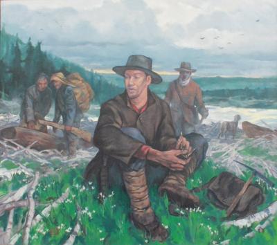 Une peinture qui représente John Robert Giscome, Henry McDame et leurs deux guides Lheidli T’enneh qui remontent la rivière de la Paix en C.-B. (Huble Homestead/Giscome Portage Heritage Society via X.)